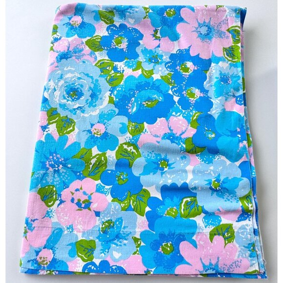 Vintage 70s flat/top sheet, blue pink floral bedsheet, twin size, Wabasso - Picture 3 of 5